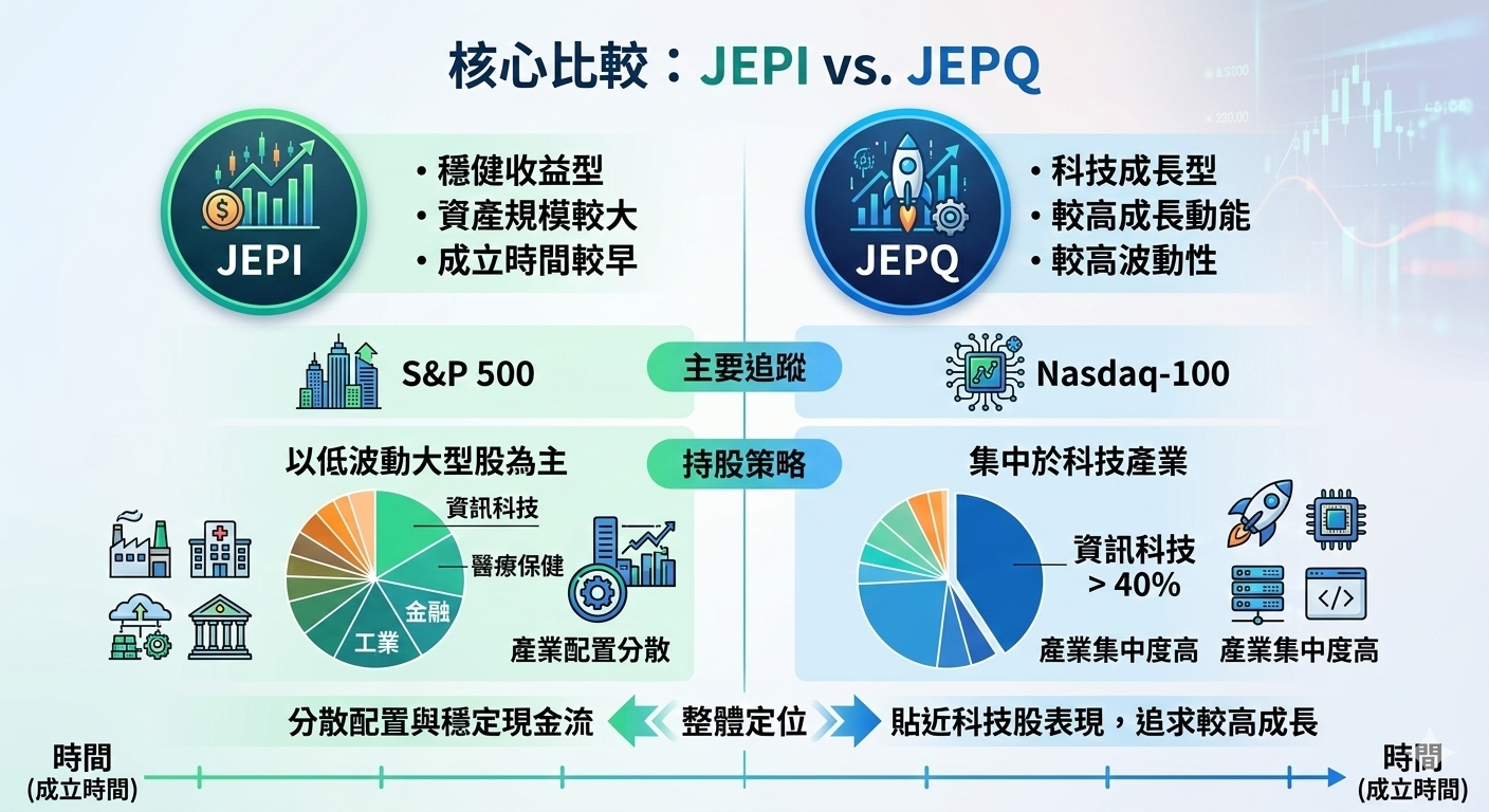 2026 JEPI vs JEPQ 完整比較：核心差異、標的配置、風險與適合投資人分析