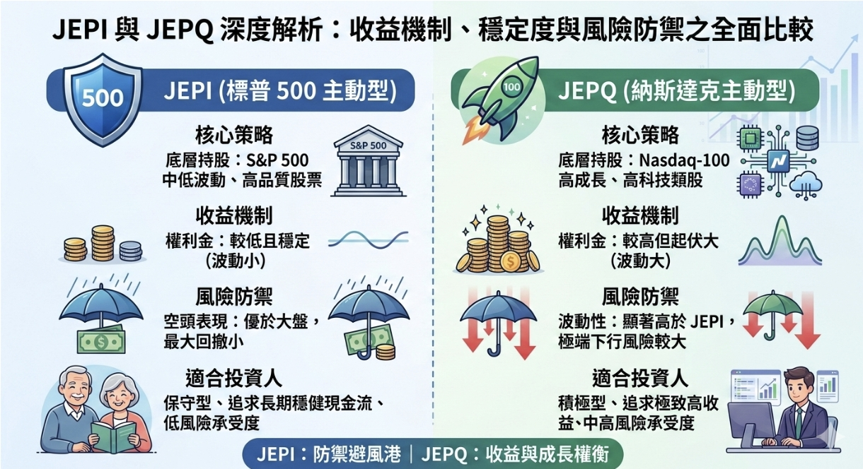 2026 JEPI vs JEPQ 完整比較：核心差異、標的配置、風險與適合投資人分析