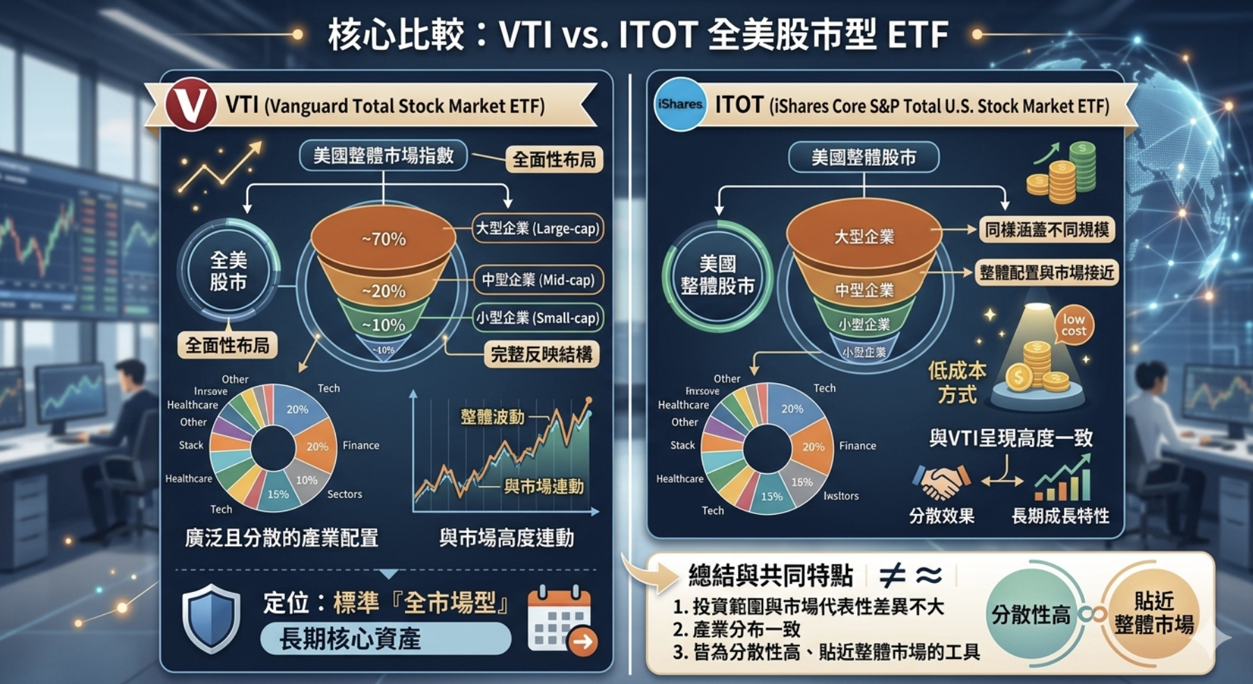 2026 VTI vs ITOT 完整比較：核心差異、標的配置、績效與適合投資人分析