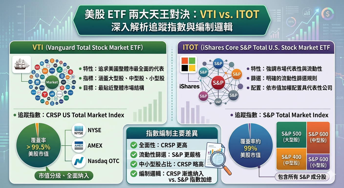 2026 VTI vs ITOT 完整比較：核心差異、標的配置、績效與適合投資人分析