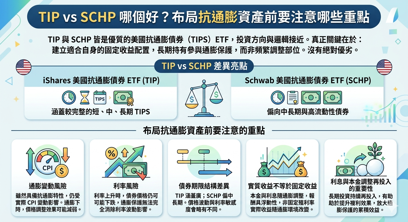 TIP 和 SCHP 差異分析：抗通膨 ETF 成分債、內扣費用與配息表現