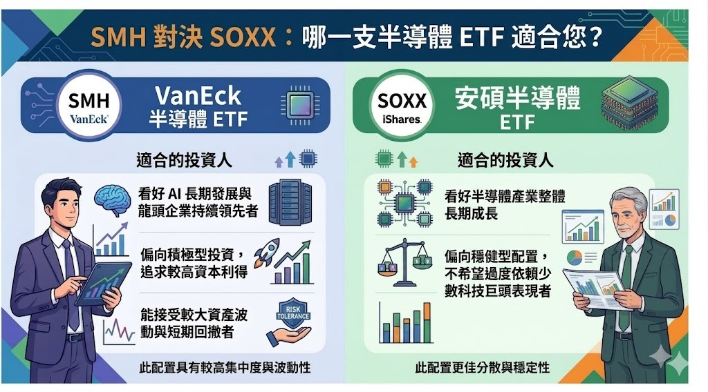 2026 SMH vs SOXX差異比較：成分股、費用率、報酬與波動全解析