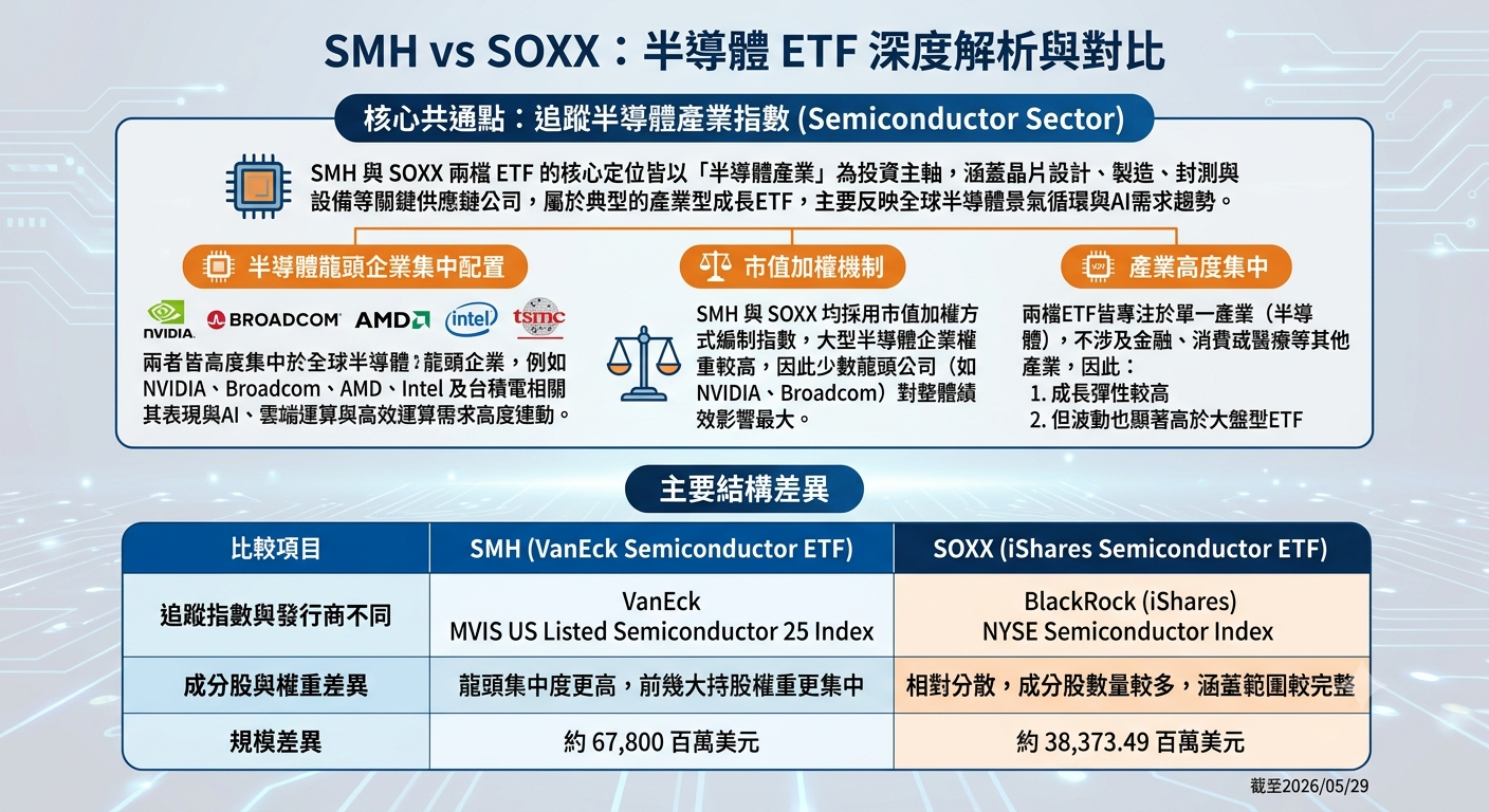 2026 SMH vs SOXX差異比較：成分股、費用率、報酬與波動全解析