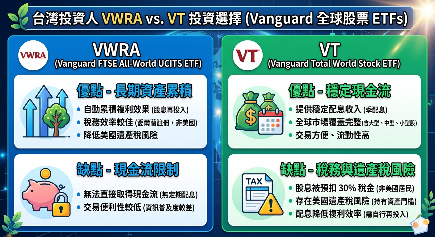 VWRA vs VT 差在哪?一次看懂投資範圍、配息、稅務與台灣投資人如何選擇 - 第2張圖 VWRA vs VT 差在哪?一次看懂投資範圍、配息、稅務與台灣投資人如何選擇
