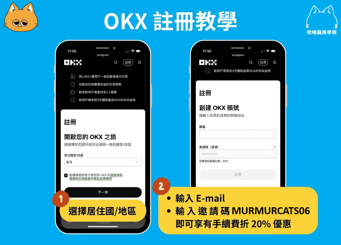 OKX 註冊需先輸入國家地區，然後提供信箱、輸入邀請碼MURMURCATS06