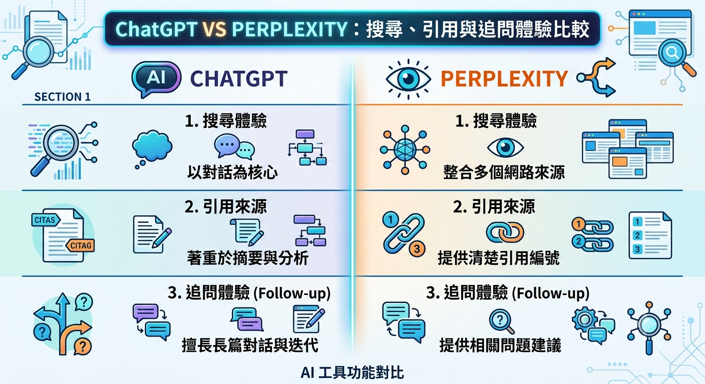ChatGPT vs Perplexity 完整比較:一句話差異、適合用途與付費方案怎麼選 - 第4張圖 ChatGPT vs Perplexity 完整比較:一句話差異、適合用途與付費方案怎麼選