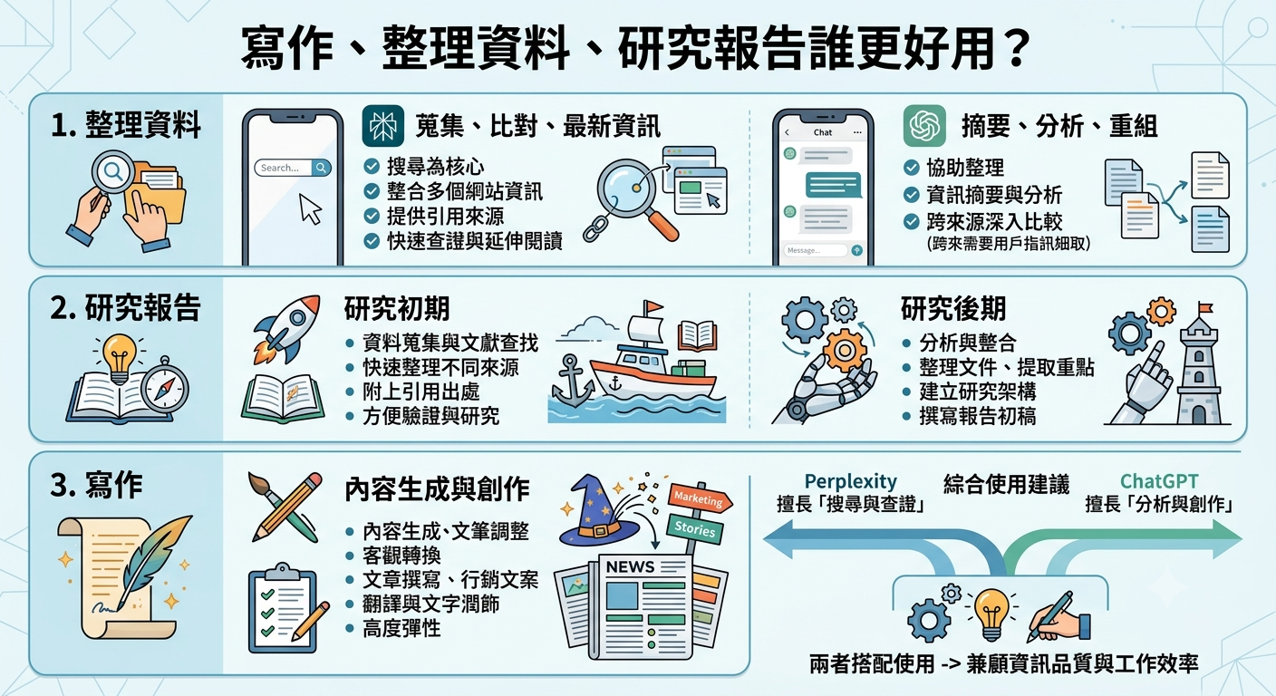 ChatGPT vs Perplexity 完整比較:一句話差異、適合用途與付費方案怎麼選 - 第5張圖 ChatGPT vs Perplexity 完整比較:一句話差異、適合用途與付費方案怎麼選