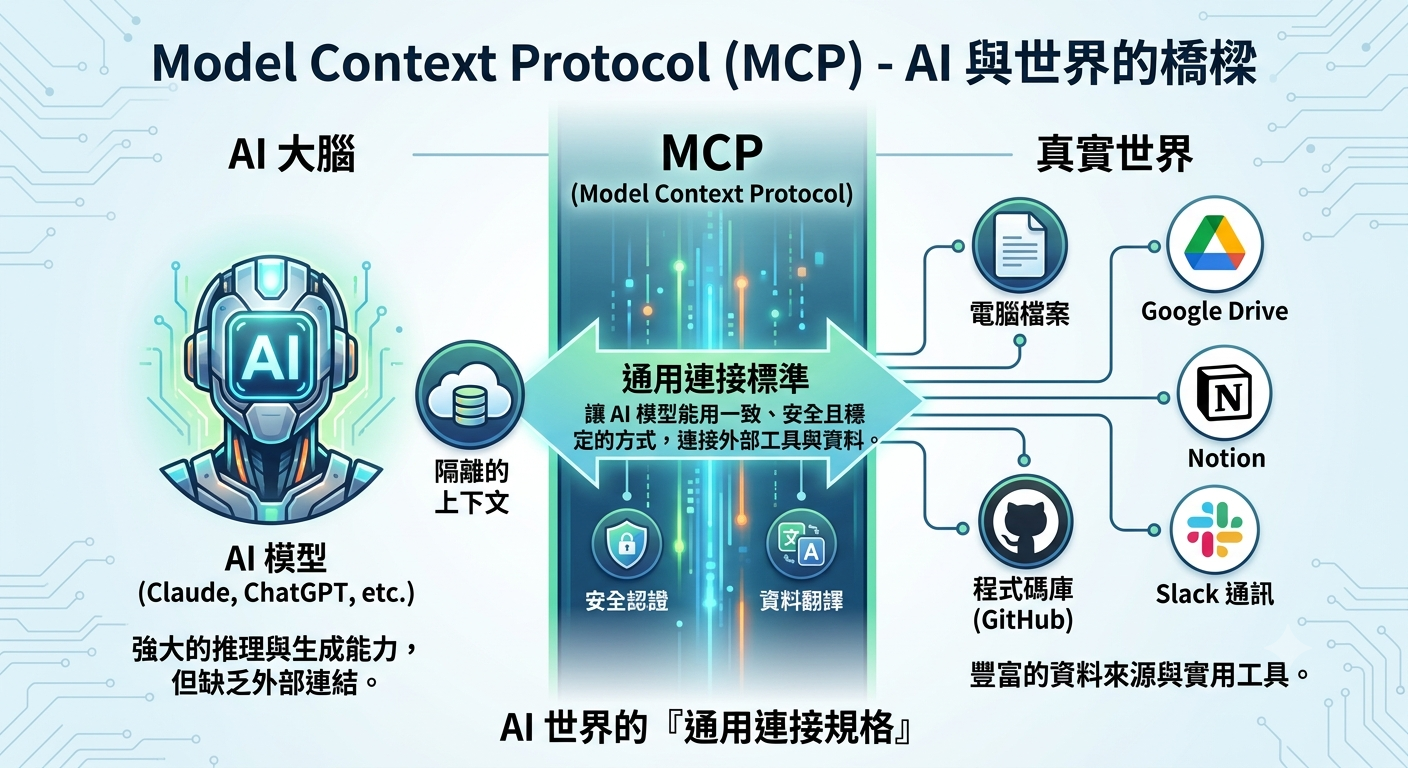 MCP 是什麼?用白話理解 Model Context Protocol|AI 為什麼需要 MCP?與 API、Plugin 差在哪 - 第1張圖 MCP 是什麼?用白話理解 Model Context Protocol|AI 為什麼需要 MCP?與 API、Plugin 差在哪